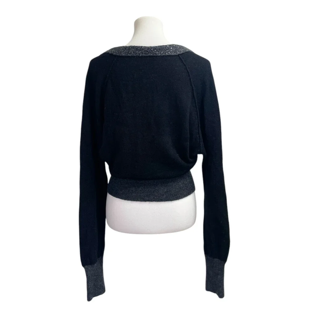 Free People Deep V Neck Sweater. Large. Wool Blend slouchy grey gray black shiny